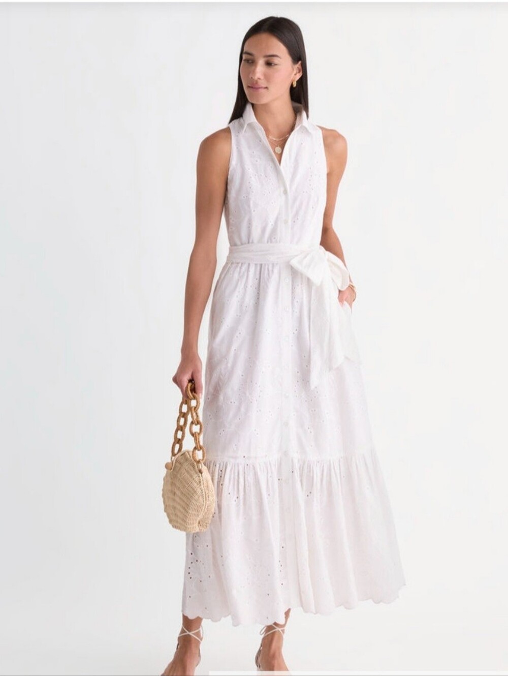 Vineyard Vines White Sleeveless Eyelet Maxi Dress with Waist Tie